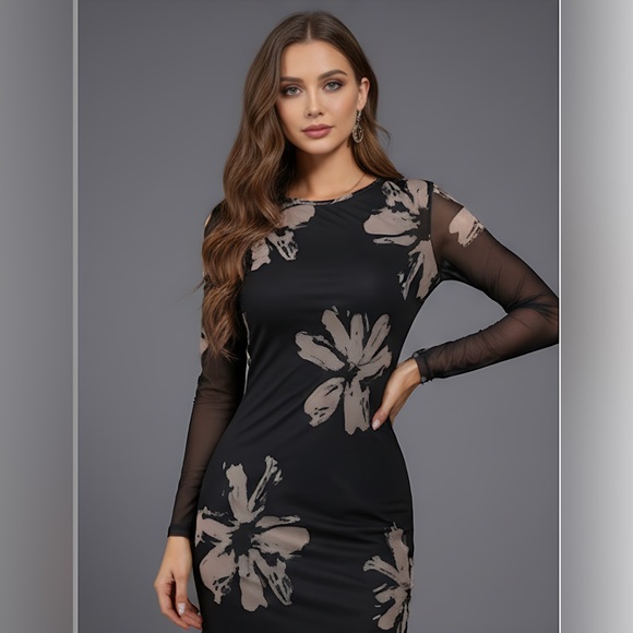 Floral Print Sheer Waist-Cinching Dress - Picture 4 of 8